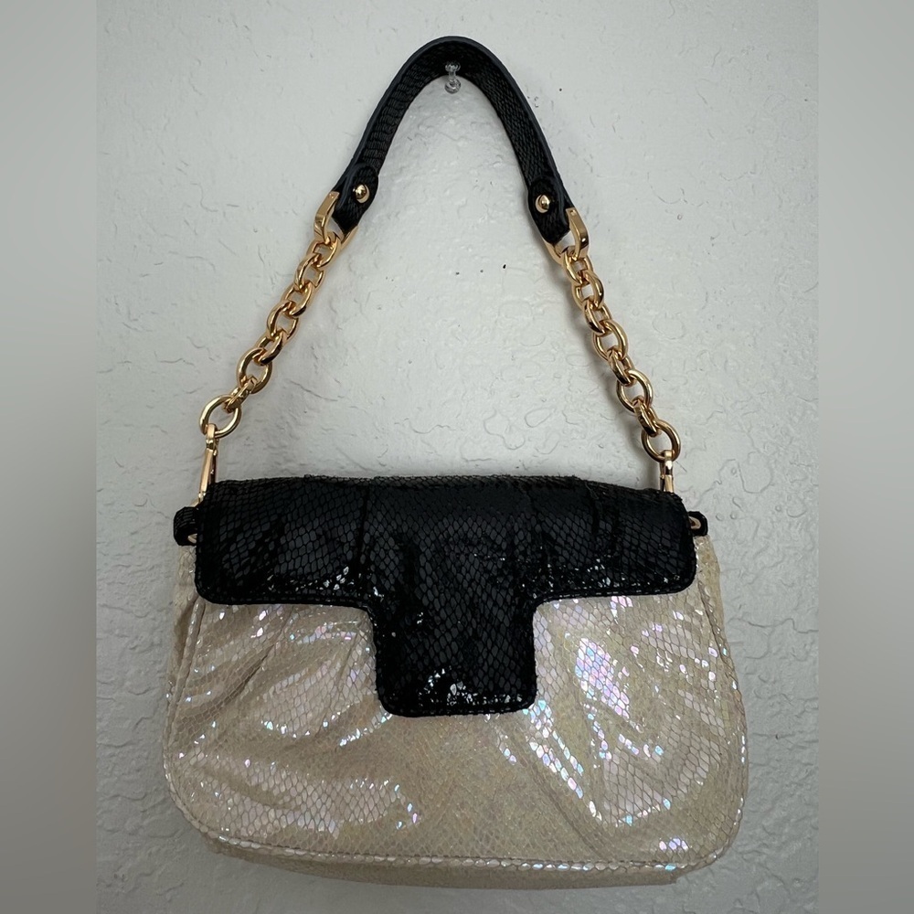 Tiffany & Fred Elegant Black and Gold Chain Shoulder Bag
